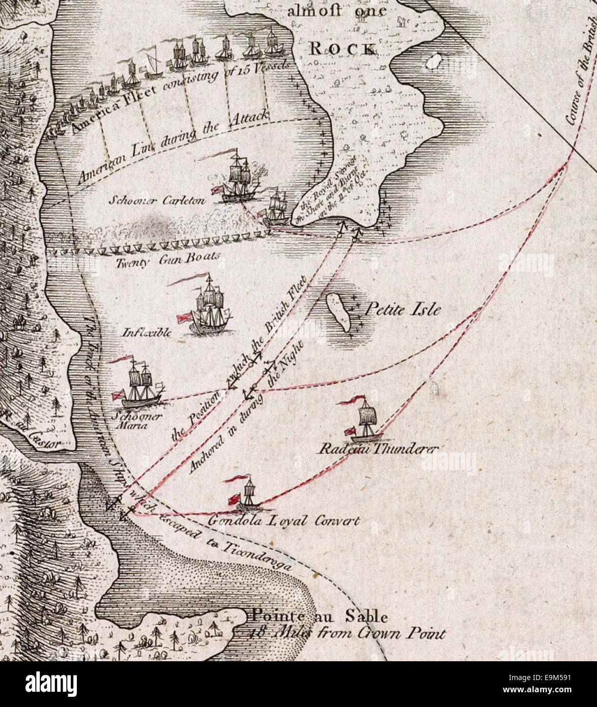 Un dettaglio mappa che mostra le formazioni alla battaglia di Valcour Island, ottobre 1776 durante la guerra rivoluzionaria americana Foto Stock