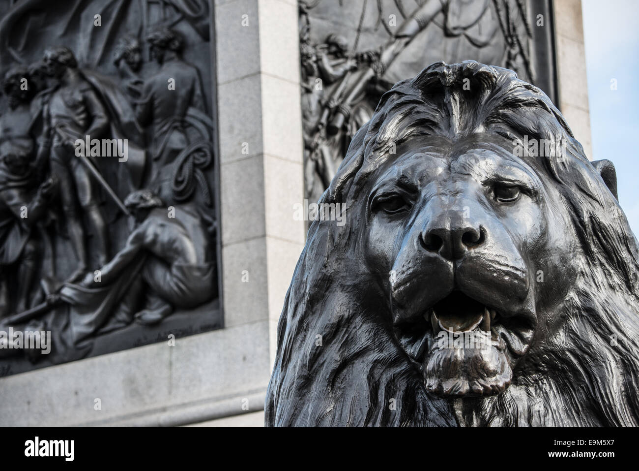 Landseer Lion Nelson's Column Trafalgar Square Londra // LONDRA, Regno Unito — una delle quattro grandi statue di leoni in bronzo, note come Landseer Lions, custodisce la base della Nelson's Column a Trafalgar Square, nel centro di Londra. Queste sculture iconiche sono state progettate da Sir Edwin Landseer e fuse in bronzo dal barone Marochetti. Installati nel 1867 dopo quasi un decennio di lavoro, i leoni sono diventati i simboli più amati di Londra e luoghi di ritrovo popolari per i visitatori. Ogni leone pesa circa sette tonnellate e si trova su un piedistallo di granito ai quattro angoli della colonna di Nelson. Il monumento commemora Foto Stock