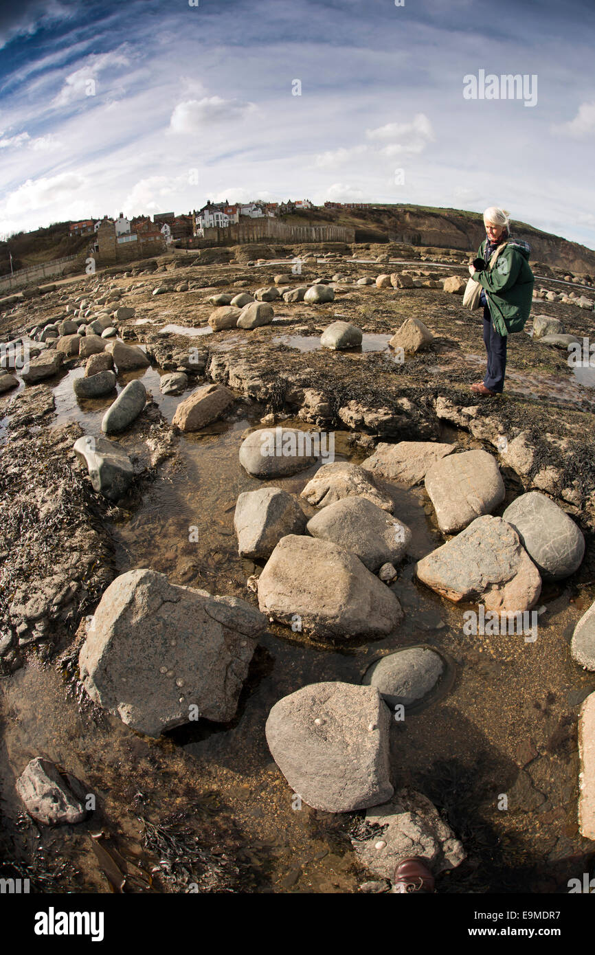Regno Unito, Inghilterra, Yorkshire, Robin Hood's Bay, il visitatore in cerca di piscine di roccia, fish-eye grandangolare visualizza Foto Stock