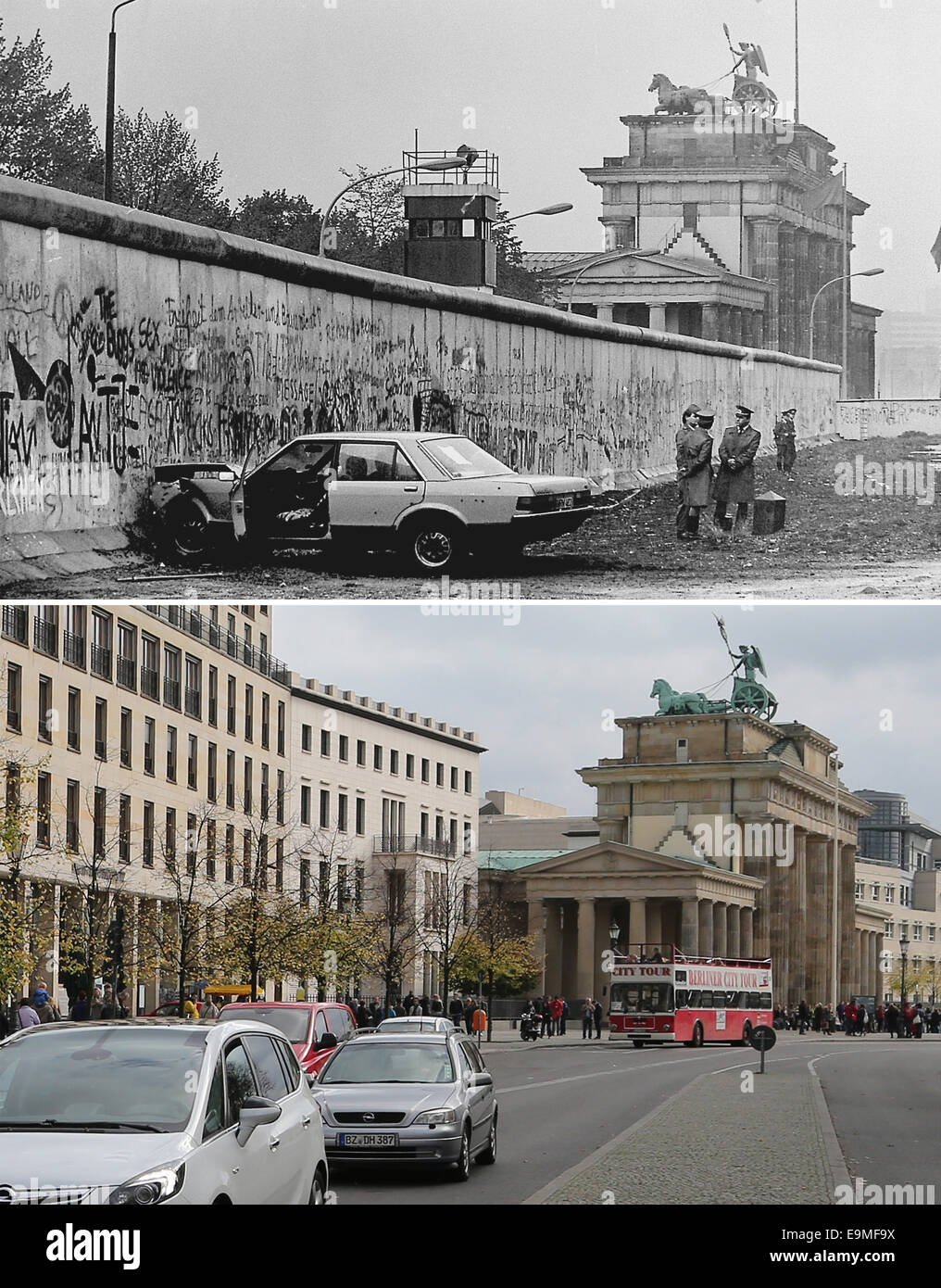 L'immagine composita mostra una demolita auto presso il Muro di Berlino, vicino alla Porta di Brandeburgo il 18 settembre 1987 (in alto) e la stessa posizione più di venticinque anni più tardi il 15 ottobre 2014 a Berlino, Germania. Foto: Wolfgang Kumm/dpa Foto Stock