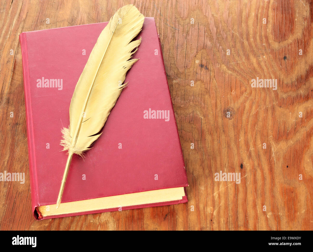 Gold quill penna e libro rosso su grunge pannello di legno Foto Stock