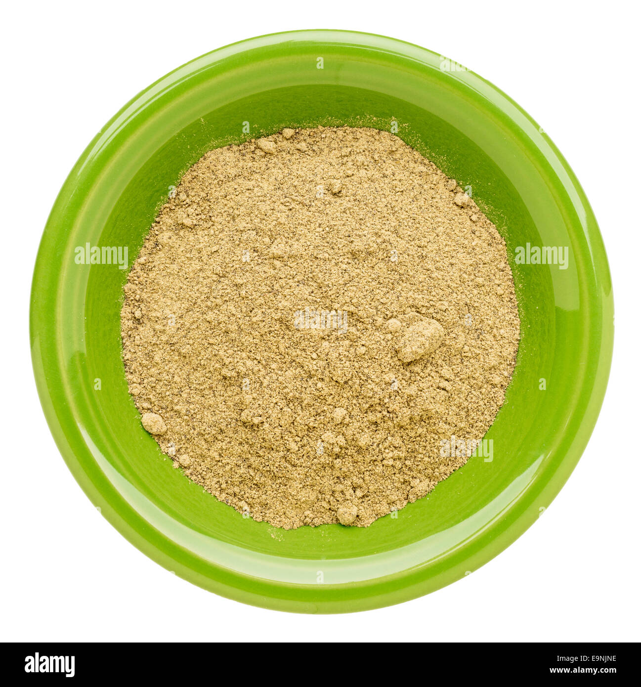 La canapa la polvere della proteina isolato su un recipiente verde Foto Stock