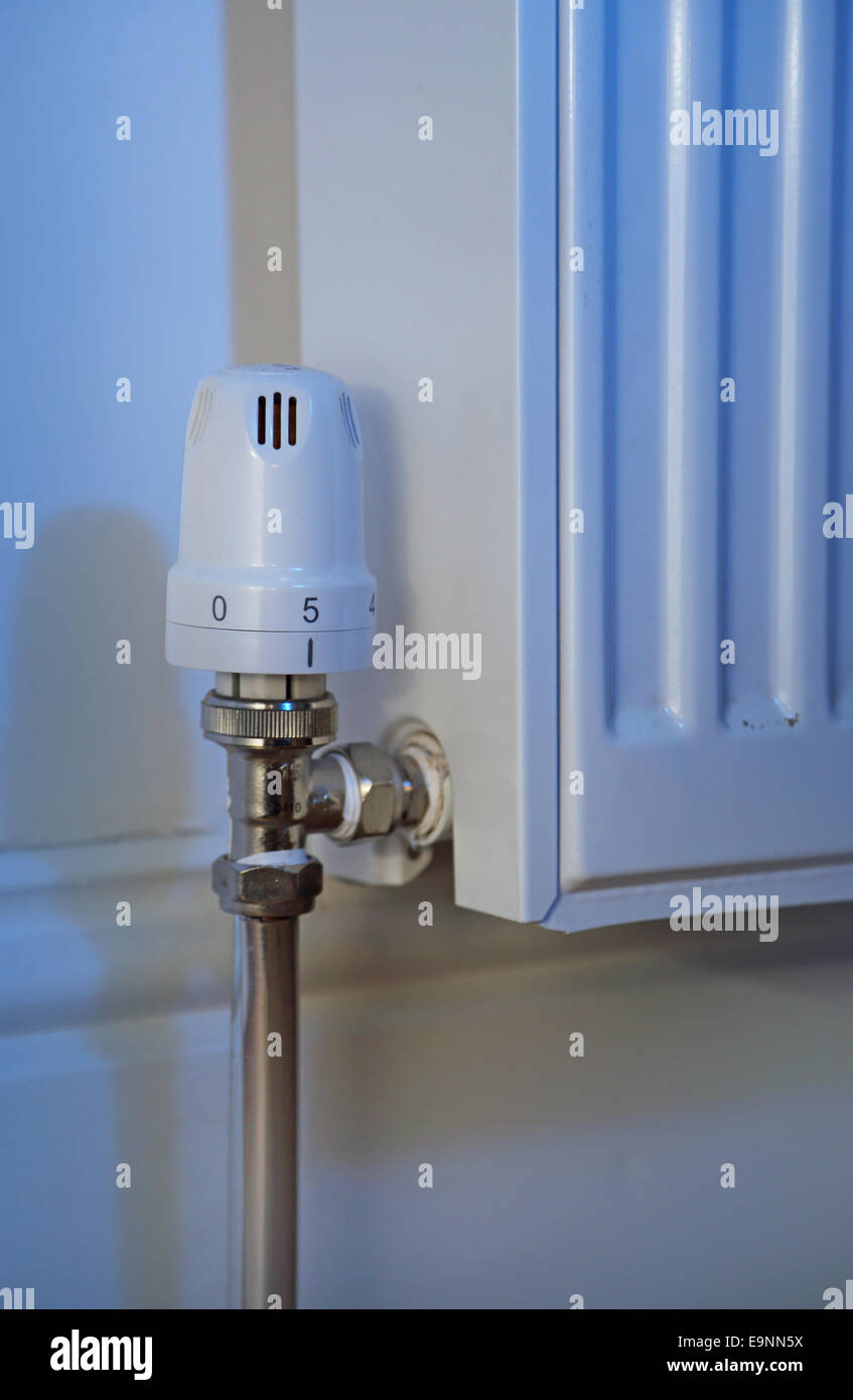 Un moderno singolo termostato del radiatore che mostra contro un muro bianco e di stile vittoriano battiscopa Foto Stock