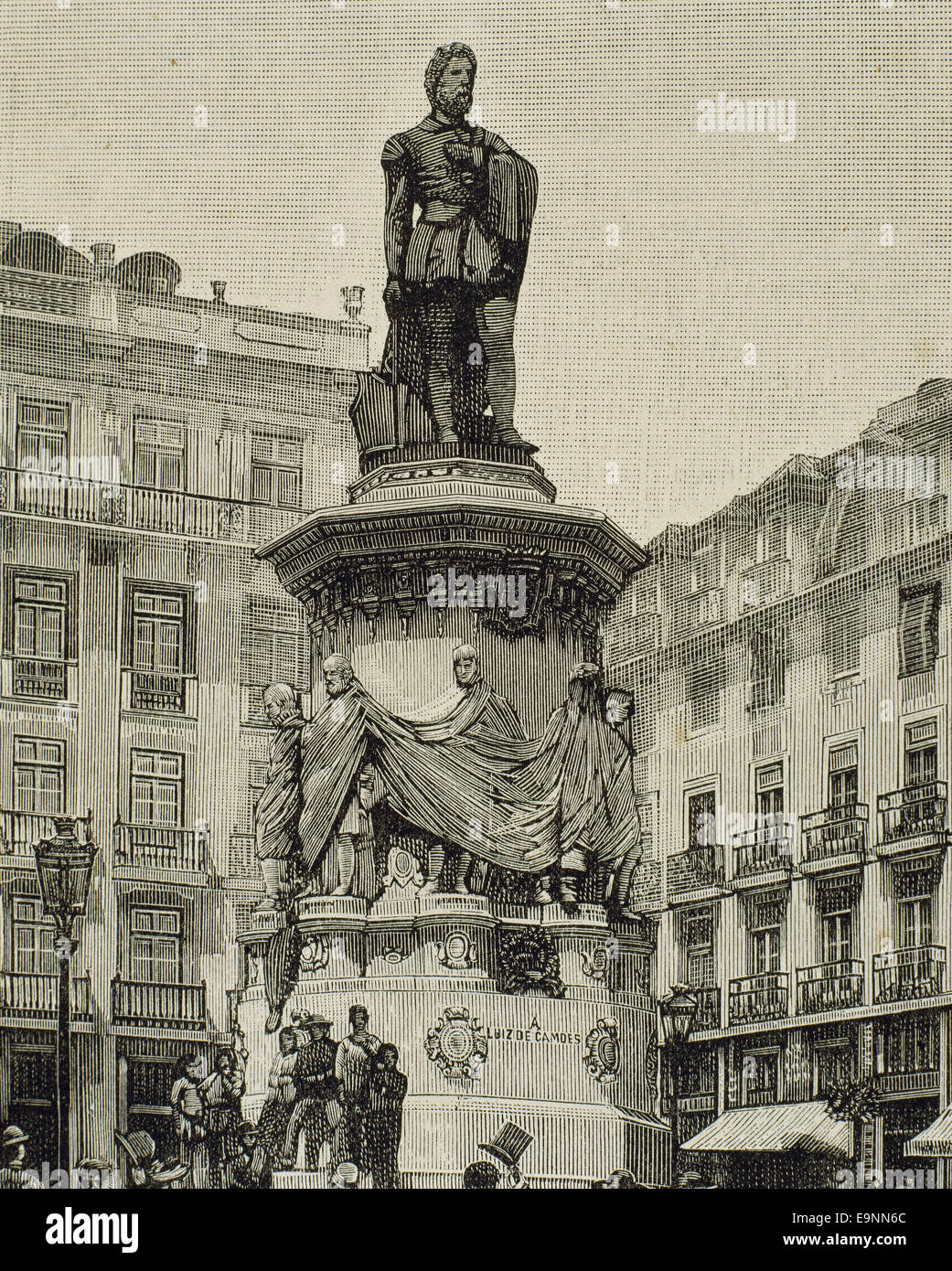 Luis de Camoes (1524-1580). Poeta portoghese. Monumento a Lisbona. Incisione. Foto Stock