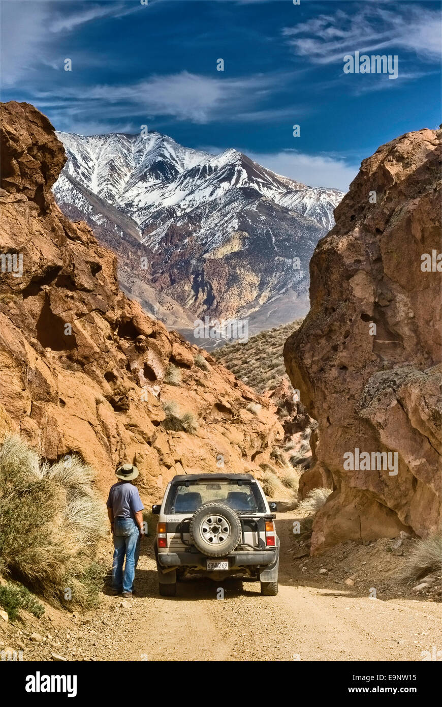 Visitatori e 4WD veicolo su strada nel Red Rock Canyon, White Mountains in Distance, Mojave Desert vicino a Bishop, California, USA Foto Stock