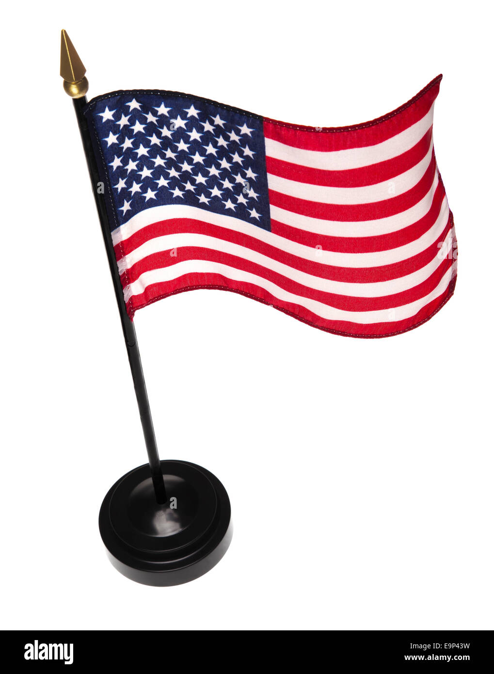 Piccola bandiera degli Stati Uniti in una gabbia isolata su uno sfondo bianco. Angolo di alta. Foto Stock