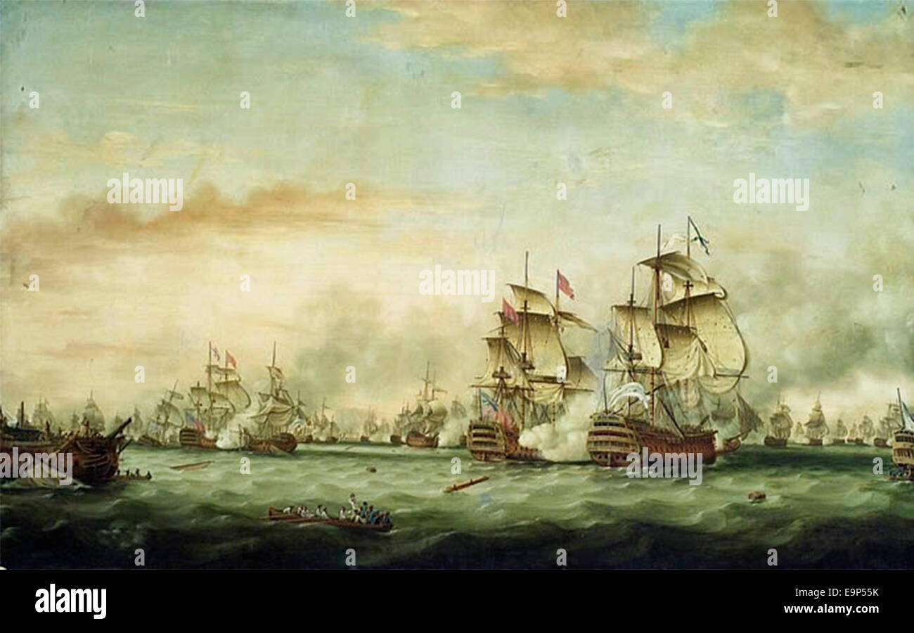 La battaglia di Les Saintes, 12 Aprile 1782: rinuncia della Ville de Paris, mostra Samuel Hood's Barfleur, centro di attaccare la nave ammiraglia francese Ville de Paris, a destra. Foto Stock