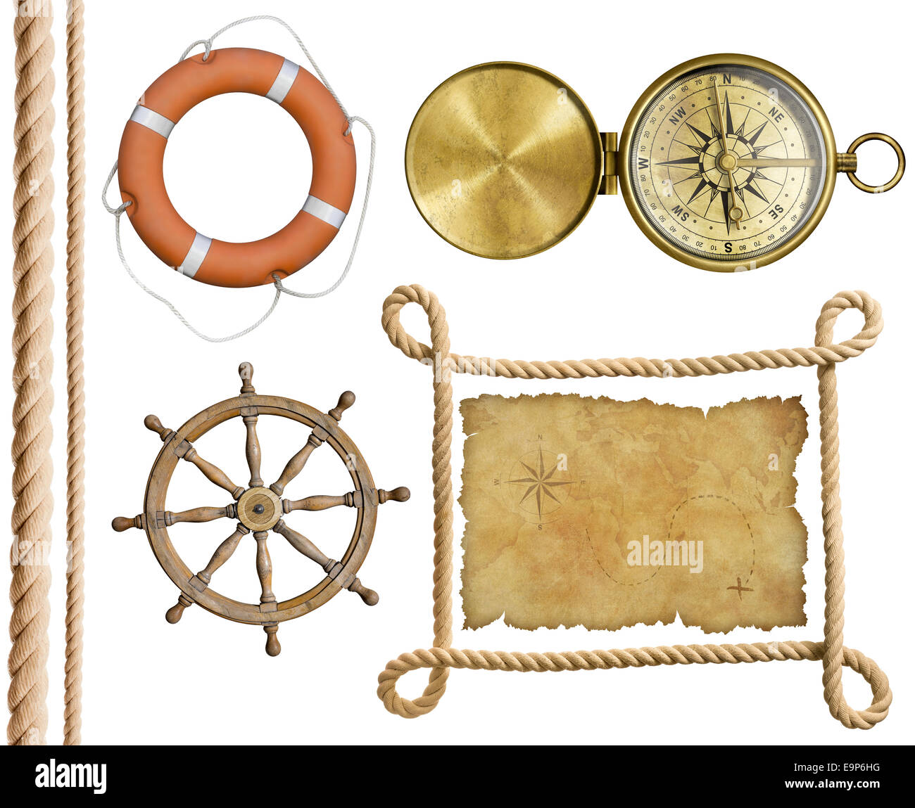 Oggetti nautico corda, mappa del tesoro, salvagente, bussola isolate Foto Stock