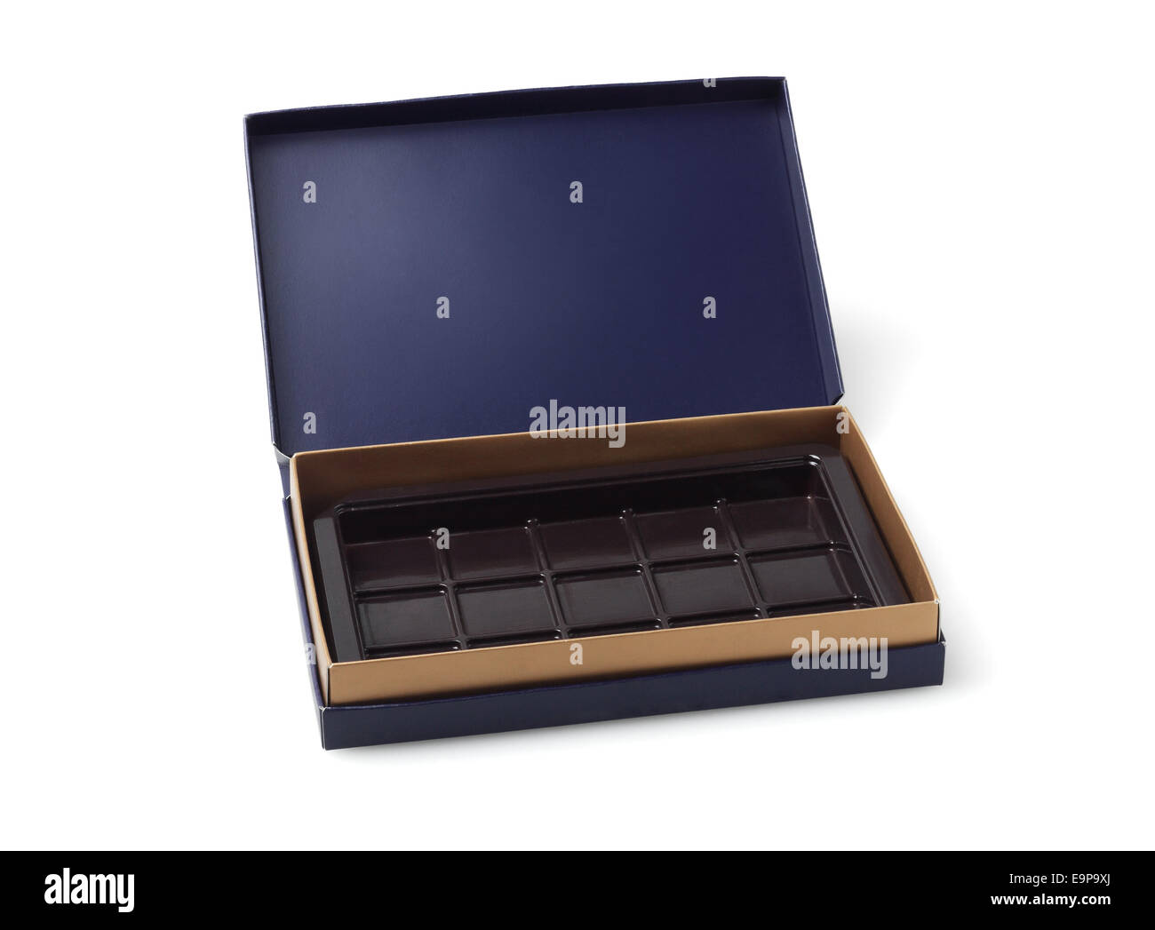 Vuota la casella di cioccolato su sfondo bianco Foto Stock