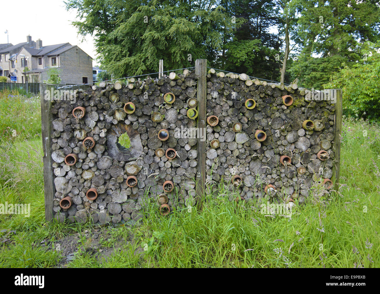 "Bug hotel' nella zona di conservazione, Chipping, foresta di Bowland, Lancashire, Inghilterra, Luglio Foto Stock