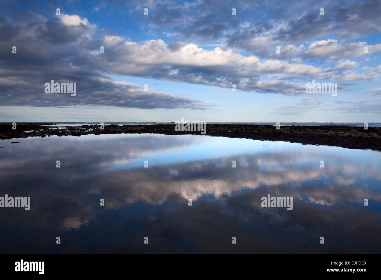 Il Cloud riflessioni in una piscina di marea a Robin cappe Bay North Yorkshire Inghilterra Foto Stock