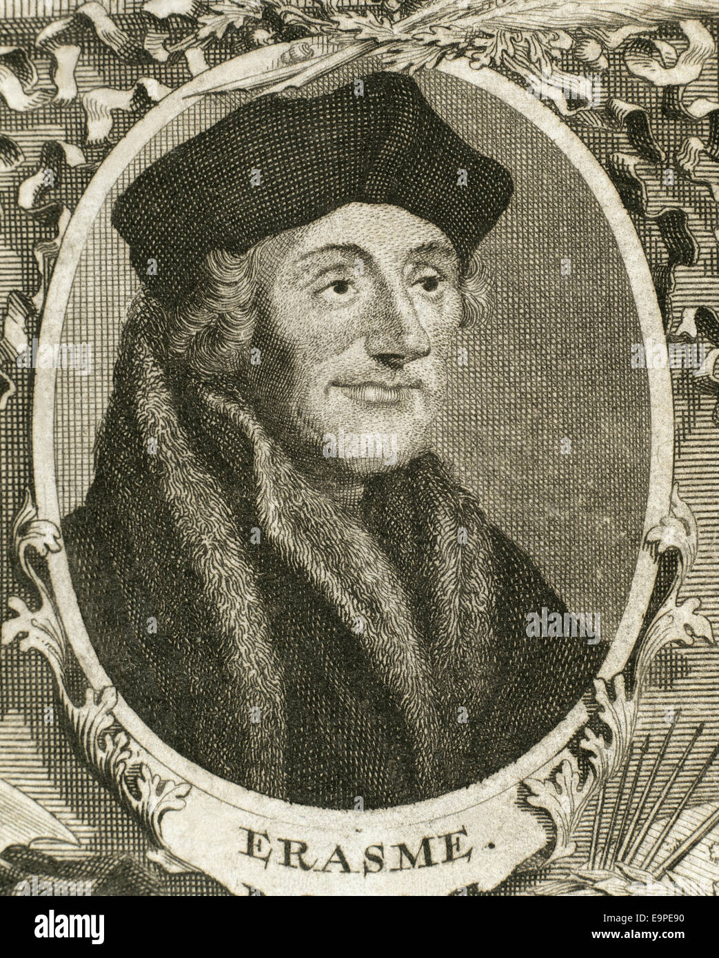 Erasmo da Rotterdam (1466-1536). Umanista olandese. Ritratto. Incisione, 1713. Foto Stock