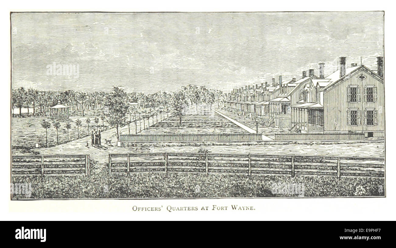 Un'illustrazione del 1884 di Farmer degli alloggi degli ufficiali a Fort Wayne a Detroit, raffigurante la struttura militare e il suo design. Foto Stock