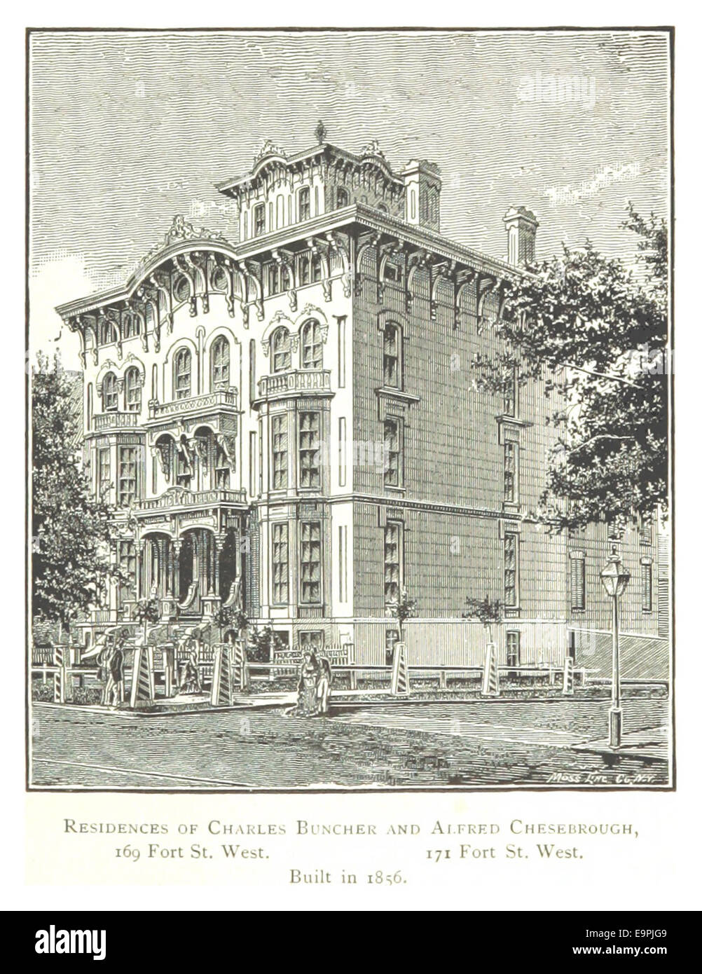 Questo schizzo del 1884 di Farmer mostra le residenze di Charles Buncher e Alfred Chesebrough, situate in Fort Street West a Detroit, evidenziando gli stili architettonici delle case della metà del XIX secolo. Foto Stock