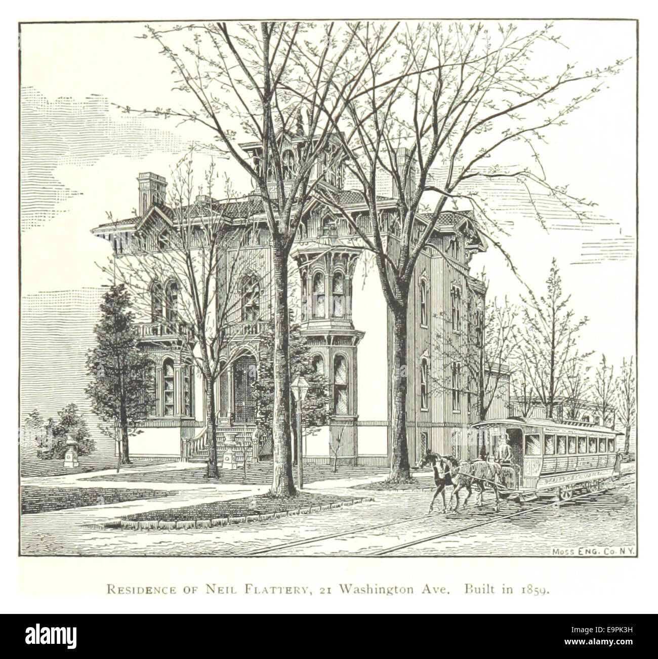 Questa illustrazione del 1884 mostra la residenza di Neil Flattery al numero 21 di Washington Ave., Detroit, costruita nel 1859. Il disegno fornisce informazioni sullo stile architettonico di Detroit della metà del XIX secolo. Foto Stock