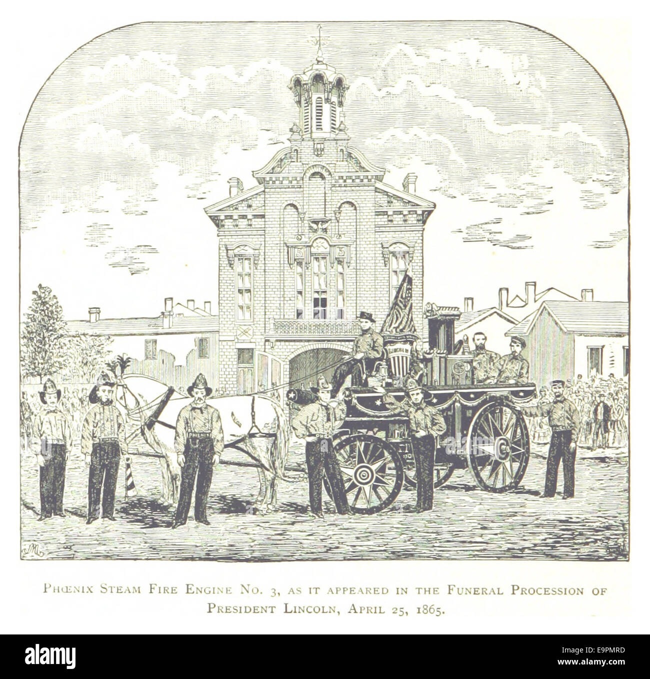 Farmer's 1884 account of the Phoenix Steam Fire Engine No. 3, che ha giocato un ruolo nella processione funebre del presidente Lincoln il 25 aprile 1865. Questo motore antincendio è stato un pezzo significativo della storia di Detroit. Foto Stock