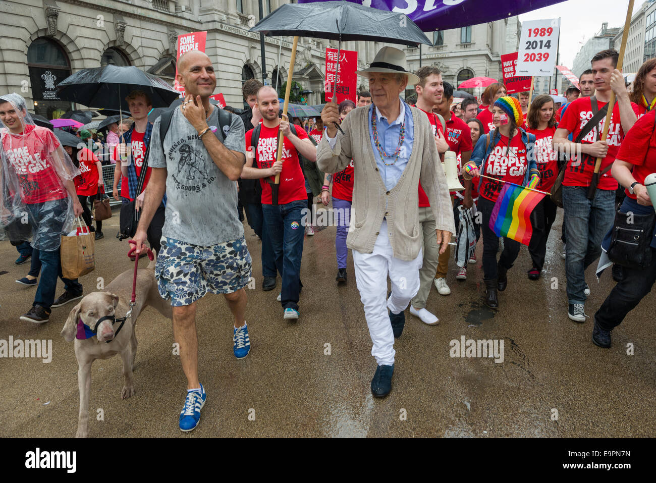 Sir Ian McKellan prendendo parte al Pride a Londra Parade 2014, Londra, Inghilterra Foto Stock