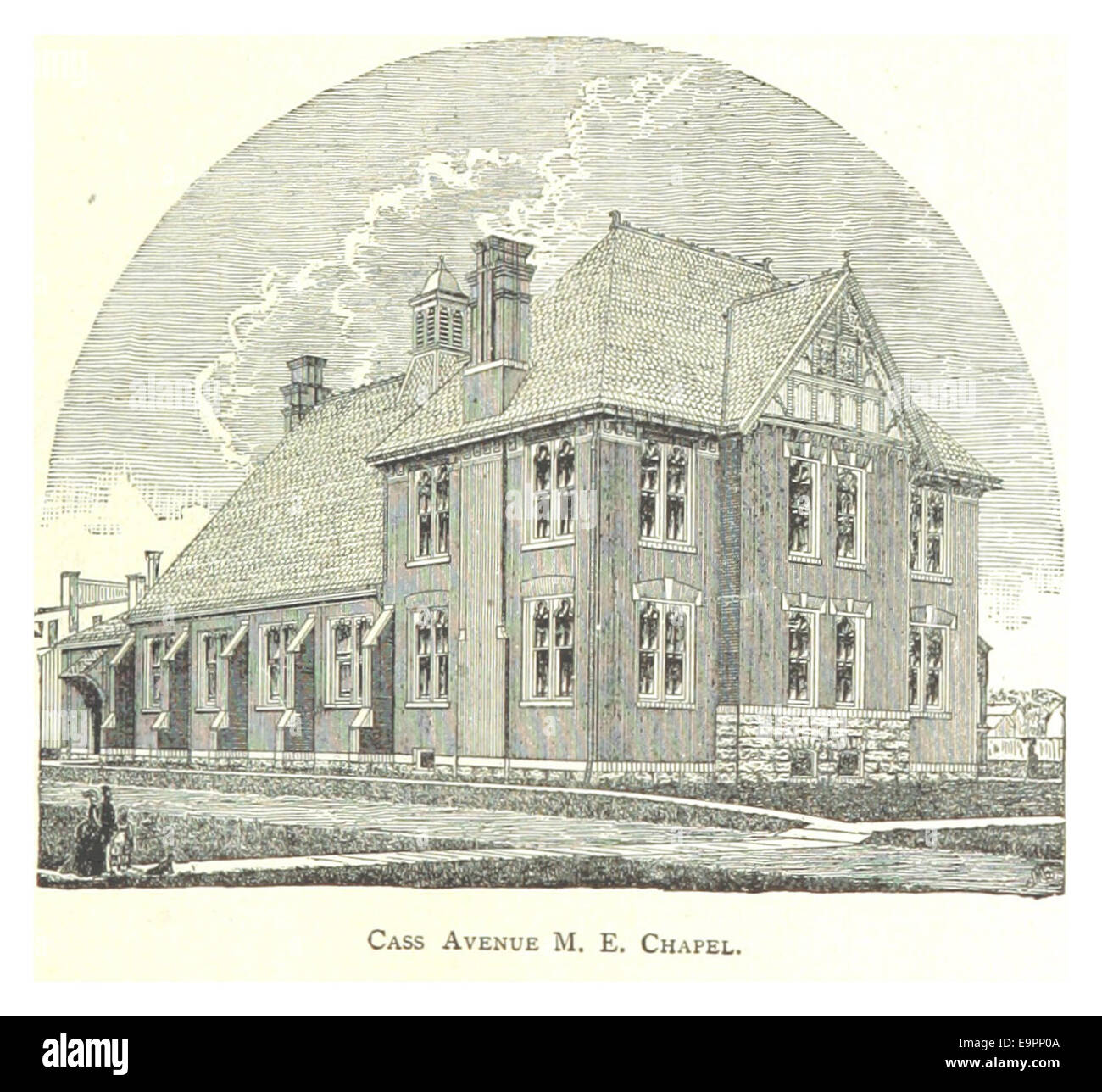 Questa illustrazione del 1884 mostra la Cappella episcopale metodista di Cass Avenue a Detroit, mettendo in risalto il design e lo stile architettonico di questo edificio religioso del XIX secolo. Foto Stock