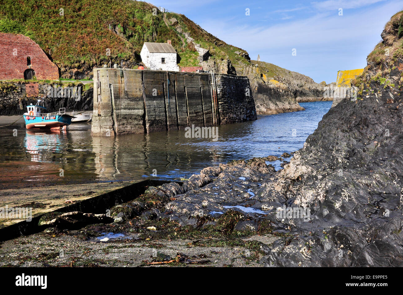 Porthgain porto, porto parete e barche, Pembrokeshire Coast su un soleggiato settembre giornata. Foto Stock