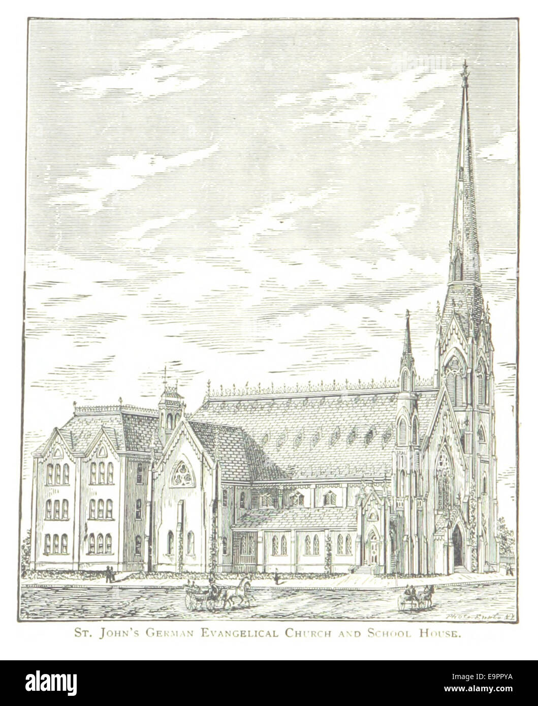 Questa illustrazione del 1884 di Farmer raffigura la prima chiesa evangelica protestante tedesca di St. John's Church and School a Detroit, offrendo uno sguardo storico al suo significato architettonico e religioso nel XIX secolo. Foto Stock