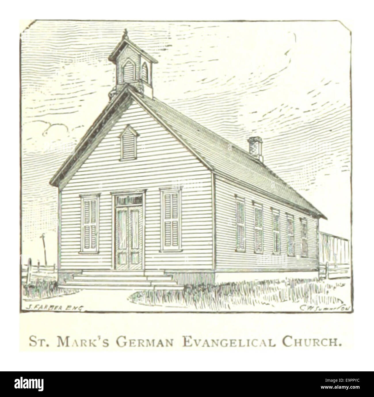 Questa illustrazione del 1884 di Farmer raffigura la Chiesa evangelica tedesca di San Marco a Detroit, un'istituzione chiave nella comunità tedesco-americana della città durante il XIX secolo. La chiesa ha svolto un ruolo importante nella vita spirituale e culturale della popolazione tedesca di Detroit. Foto Stock