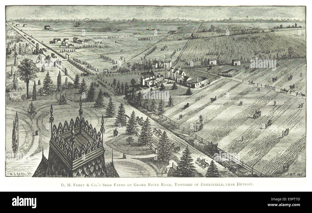 Questa illustrazione del 1884 di Farmer mostra le coltivazioni di sementi di D.M. Ferry & Co. Situate sulla Grand River Road vicino a Detroit, che mostrano le prime attività agricole del Michigan. Foto Stock