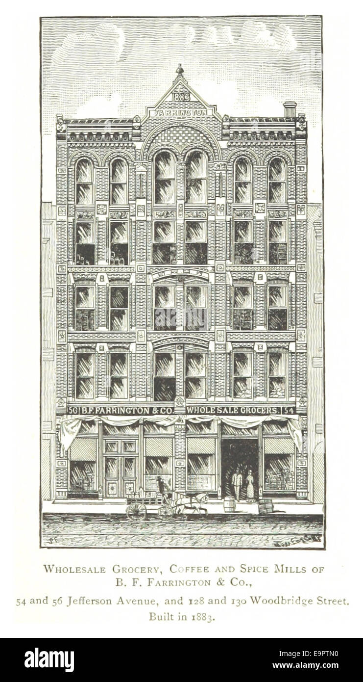 Questa illustrazione del 1884 raffigura la vendita all'ingrosso di alimentari, caffè e spezie di B.F. Farrington & Co. Situata al 54-56 di Jefferson Avenue e al 128-130 di Woodbridge Street a Detroit. Costruita nel 1883, la struttura fu una parte significativa dello sviluppo industriale della città, contribuendo alla crescita dell'economia locale e del commercio durante la fine del XIX secolo. Foto Stock