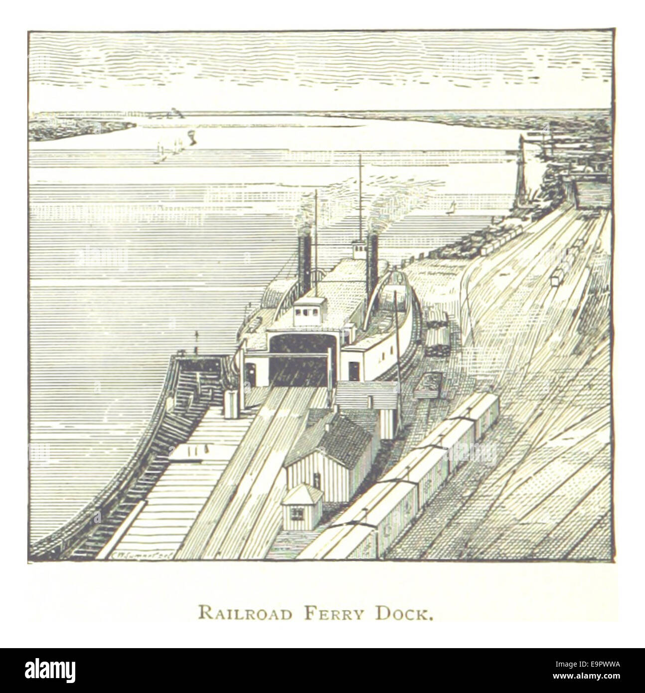 Questa illustrazione tratta dal lavoro di Farmer del 1884 mostra il molo dei traghetti ferroviari a Detroit, un punto di infrastrutture critiche per il trasporto e il commercio durante il XIX secolo. Foto Stock