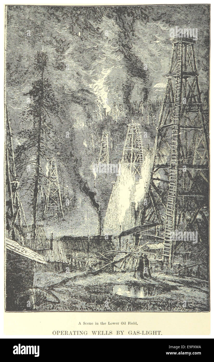 Un'illustrazione del 1873 di Henry raffigurante un giacimento petrolifero con pozzi operativi. L'immagine cattura i primi giorni dell'estrazione del petrolio, mostrando le infrastrutture e gli strumenti utilizzati durante la fine del XIX secolo. Foto Stock
