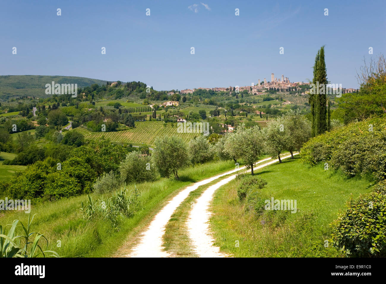 San Gimignano, Toscana, Italia. Vista lungo la fattoria di avvolgimento la via alla medievale distante cittadina collinare. Foto Stock