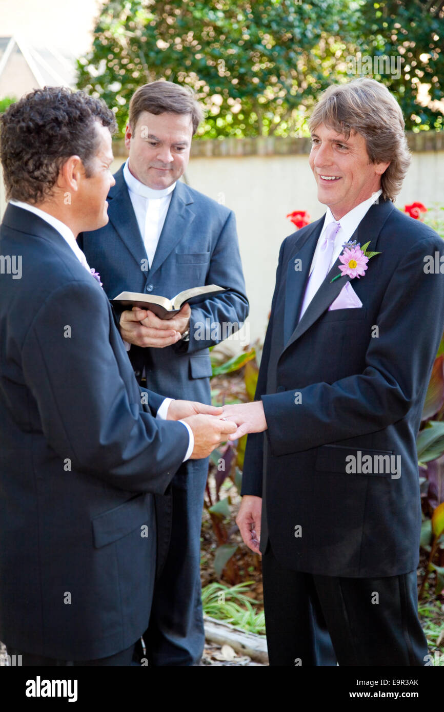 Emozionante cerimonia di nozze di due uomini gay a lungo termine rapporto commesso. Lo scambio di anelli come il ministro guarda a. Foto Stock