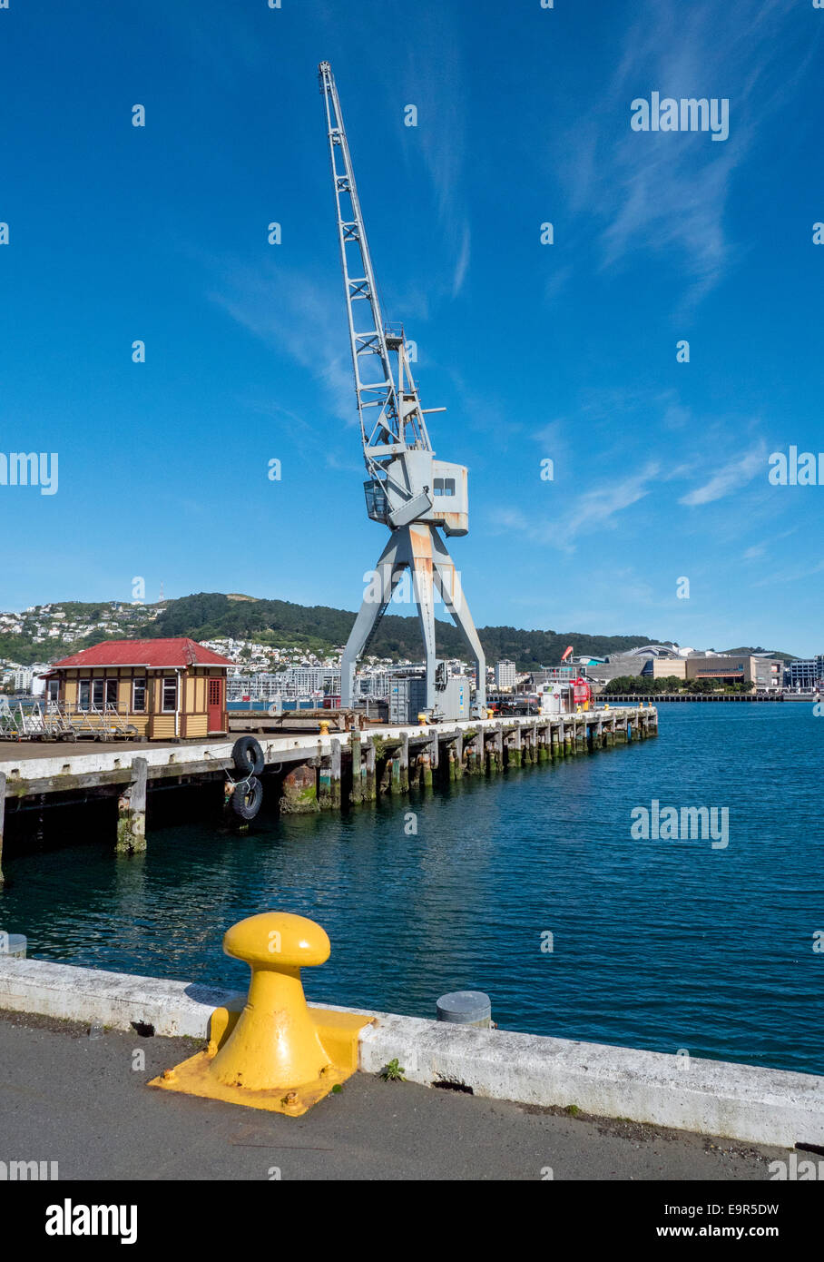 Gru del porto, Queens Wharf, Wellington, Nuova Zelanda, guardando verso Miramar Foto Stock