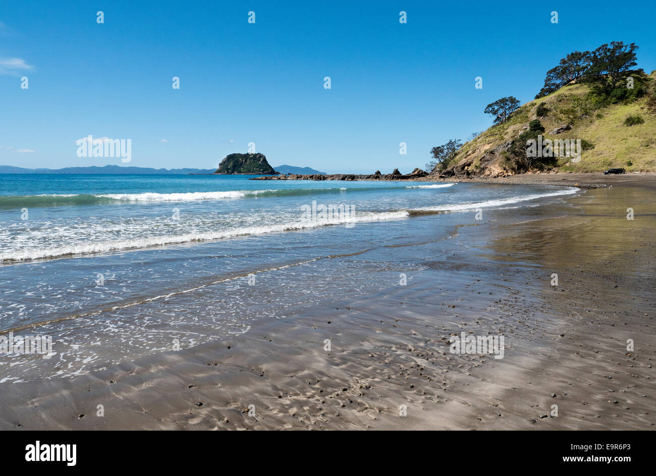 Spiaggia di sabbia e rocce, Port Jackson, Penisola di Coromandel, Nuova Zelanda Foto Stock
