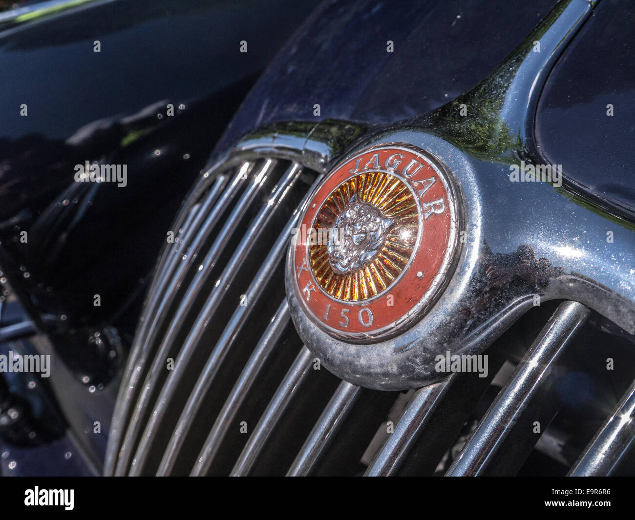 Il badge su un classico nero jaguar xk 150 Foto Stock