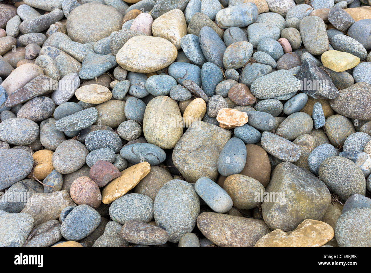 Tonalità pastello e di varie dimensioni di rocce granitiche e ciottoli sulla spiaggia sulla isola di Skye, le Western Isles della Scozia, Regno Unito Foto Stock