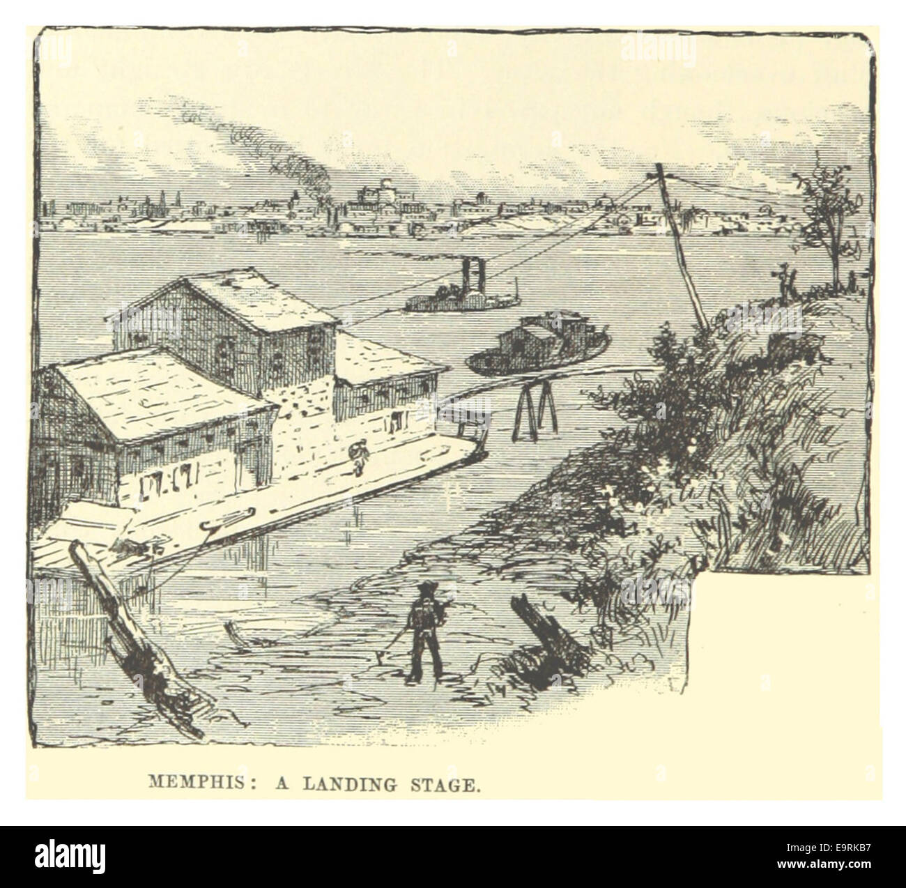 Questa illustrazione del 1883 di Mark Twain raffigura un pontile a Memphis, che mostra il lungofiume della città e il vivace centro dei trasporti durante il XIX secolo. Foto Stock
