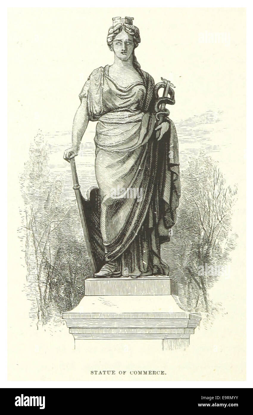 Un'illustrazione del 1869 che mostra la Statua del commercio a Central Park, New York City. Questa statua, simbolo del commercio e della prosperità, faceva parte della crescente importanza della città come centro commerciale durante la fine del XIX secolo. Foto Stock