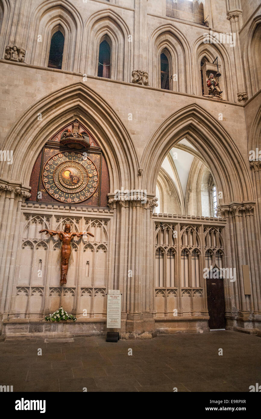 La famosa Cattedrale di Wells orologio (considerato il secondo più antico meccanismo di orologio in Gran Bretagna). Cattedrale di Wells. Somerset. Regno Unito Foto Stock