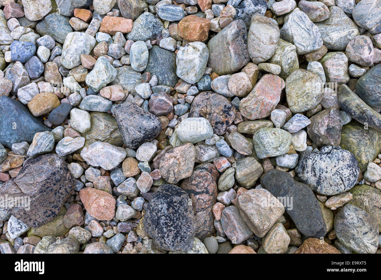 Tonalità pastello e di varie dimensioni di rocce granitiche e ciottoli sulla spiaggia sulla riva del Loch Linnhe in Scozia occidentale, REGNO UNITO Foto Stock