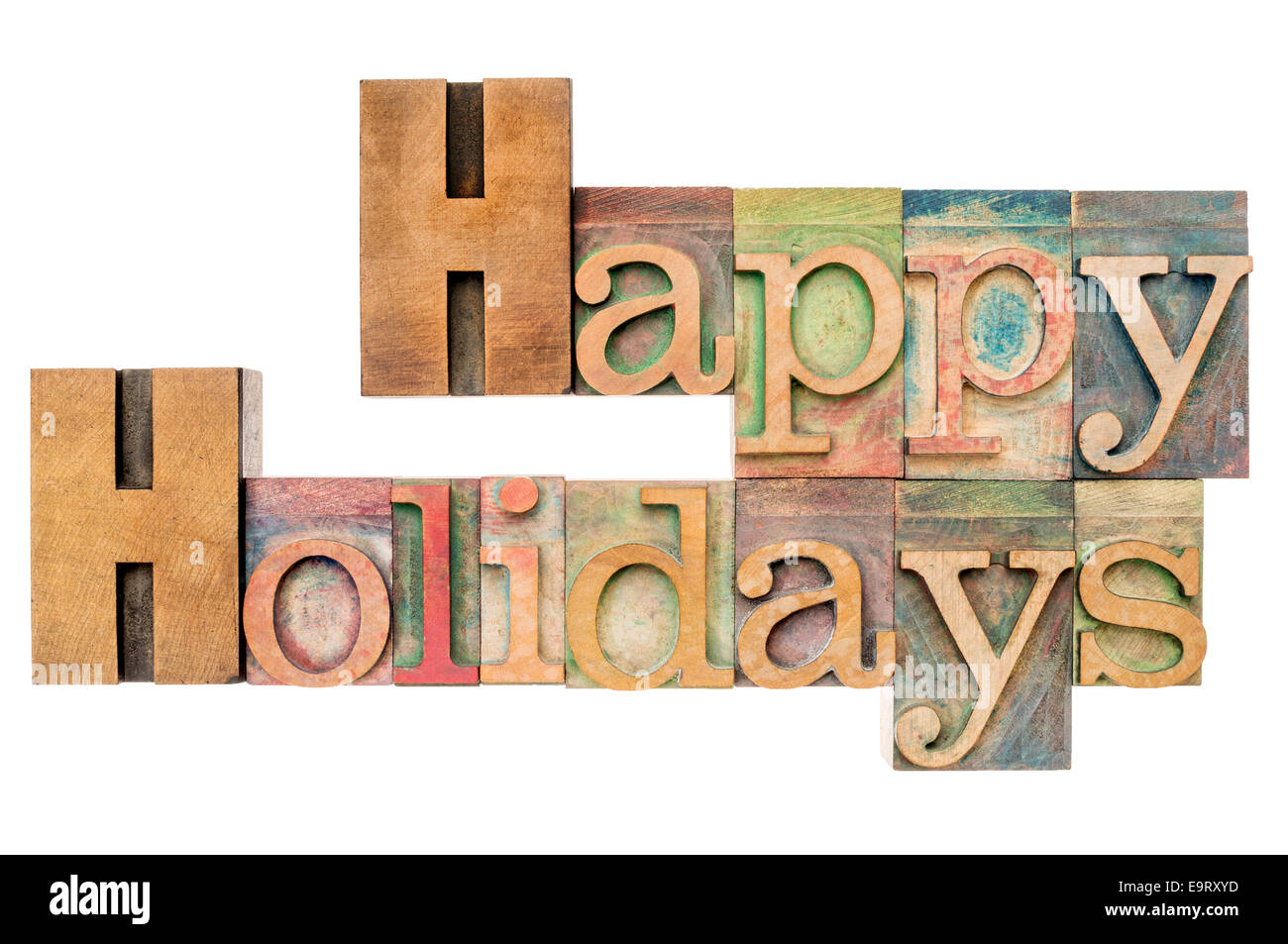 Vacanze felici - testo isolato in rilievografia tipo legno blocchi di stampa colorati da inchiostri a colori Foto Stock