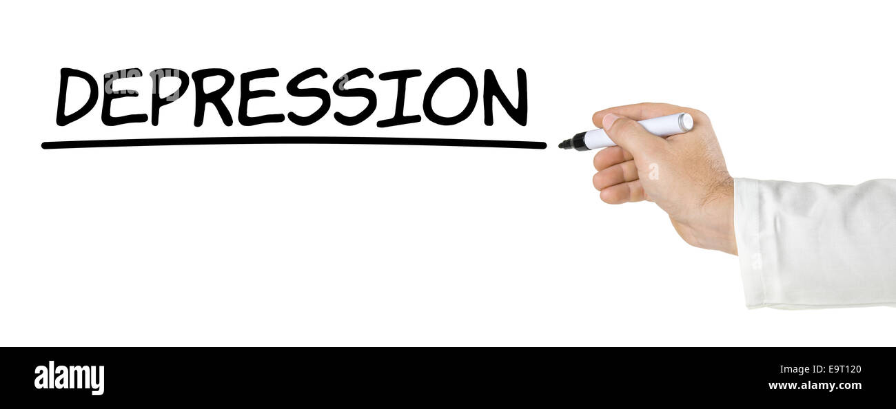 Mano con penna a scrivere la parola depressione Foto Stock