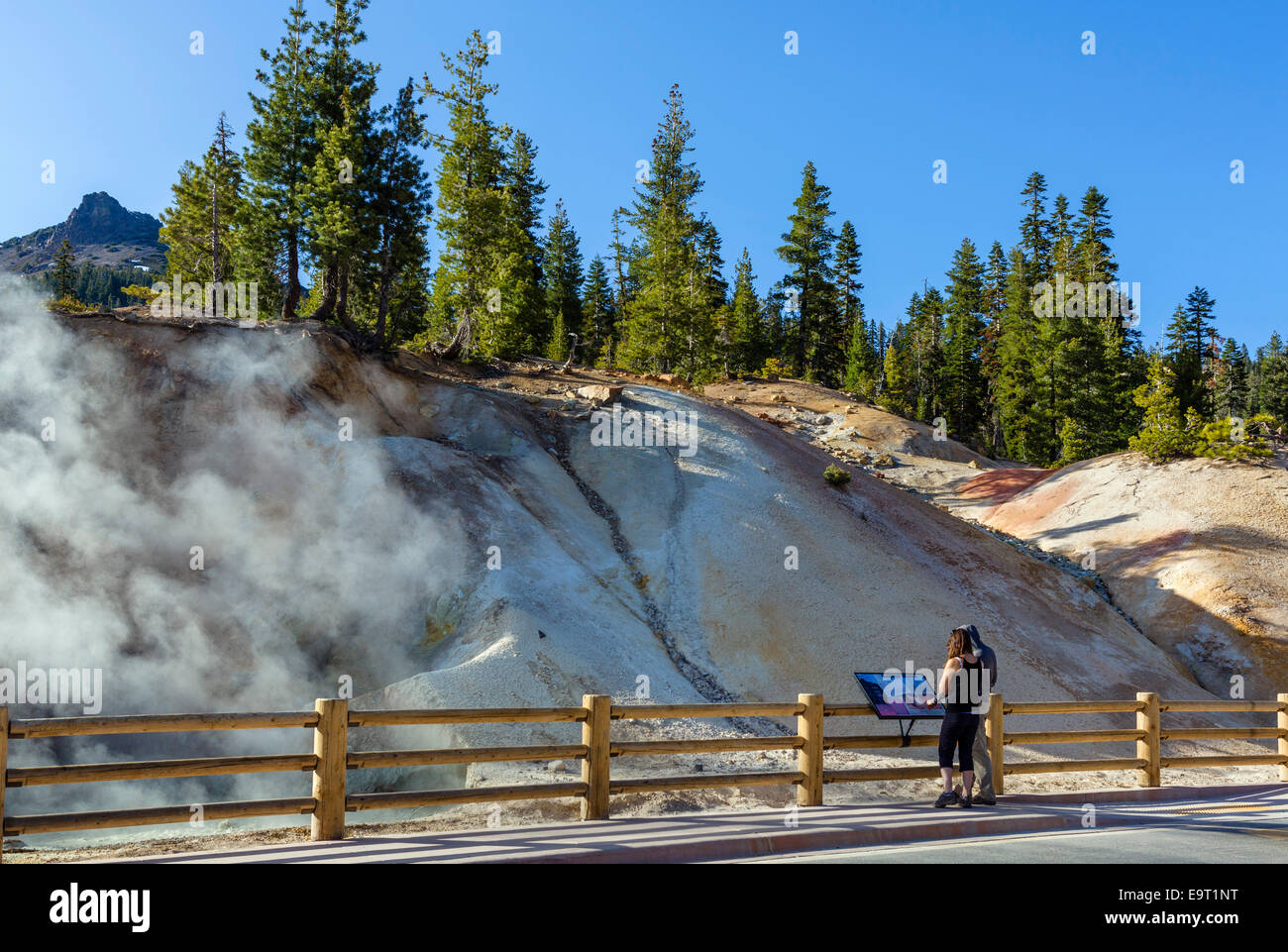 Sorgenti calde e fumarole presso lo zolfo funziona area geotermica, Parco nazionale vulcanico di Lassen, nel nord della California, Stati Uniti d'America Foto Stock