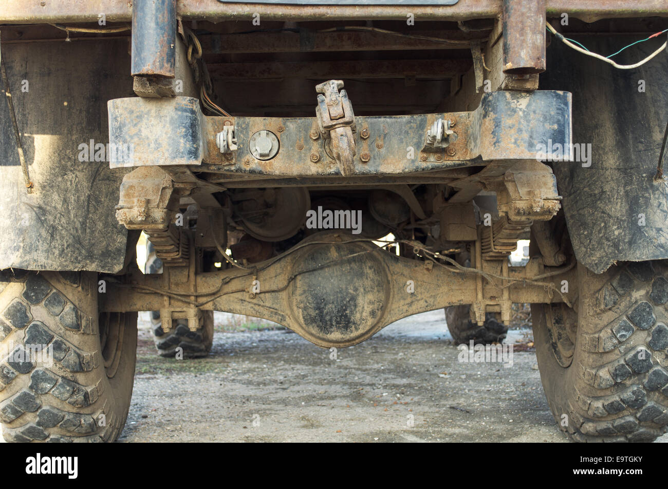 Dettaglio di un vecchio e sporco camion militare Foto Stock