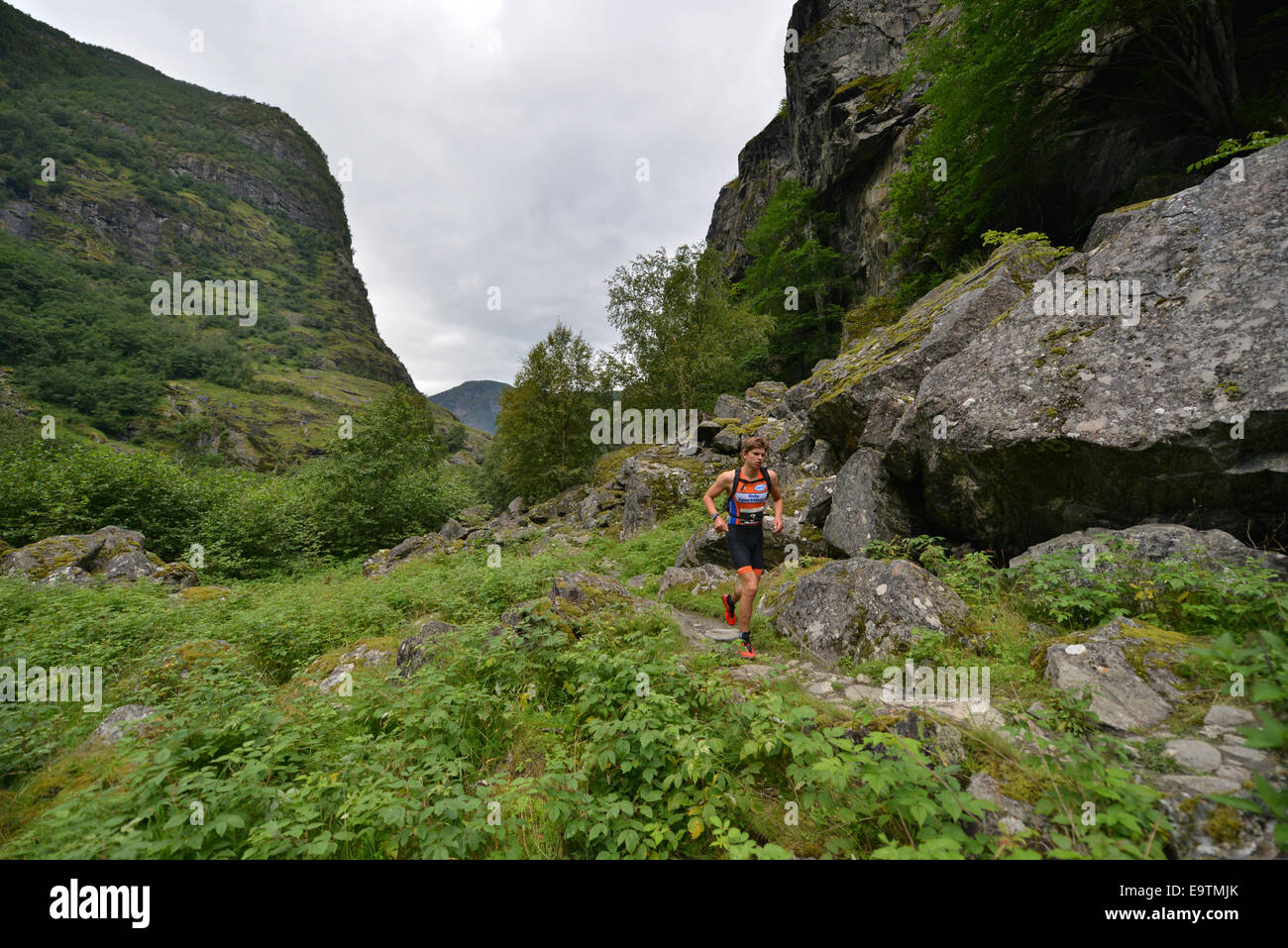 La Scenic run up World Heritage Aurlandsdalen valle a Aurlandsfjellet Xtreme Triathlon 2013. Foto Stock