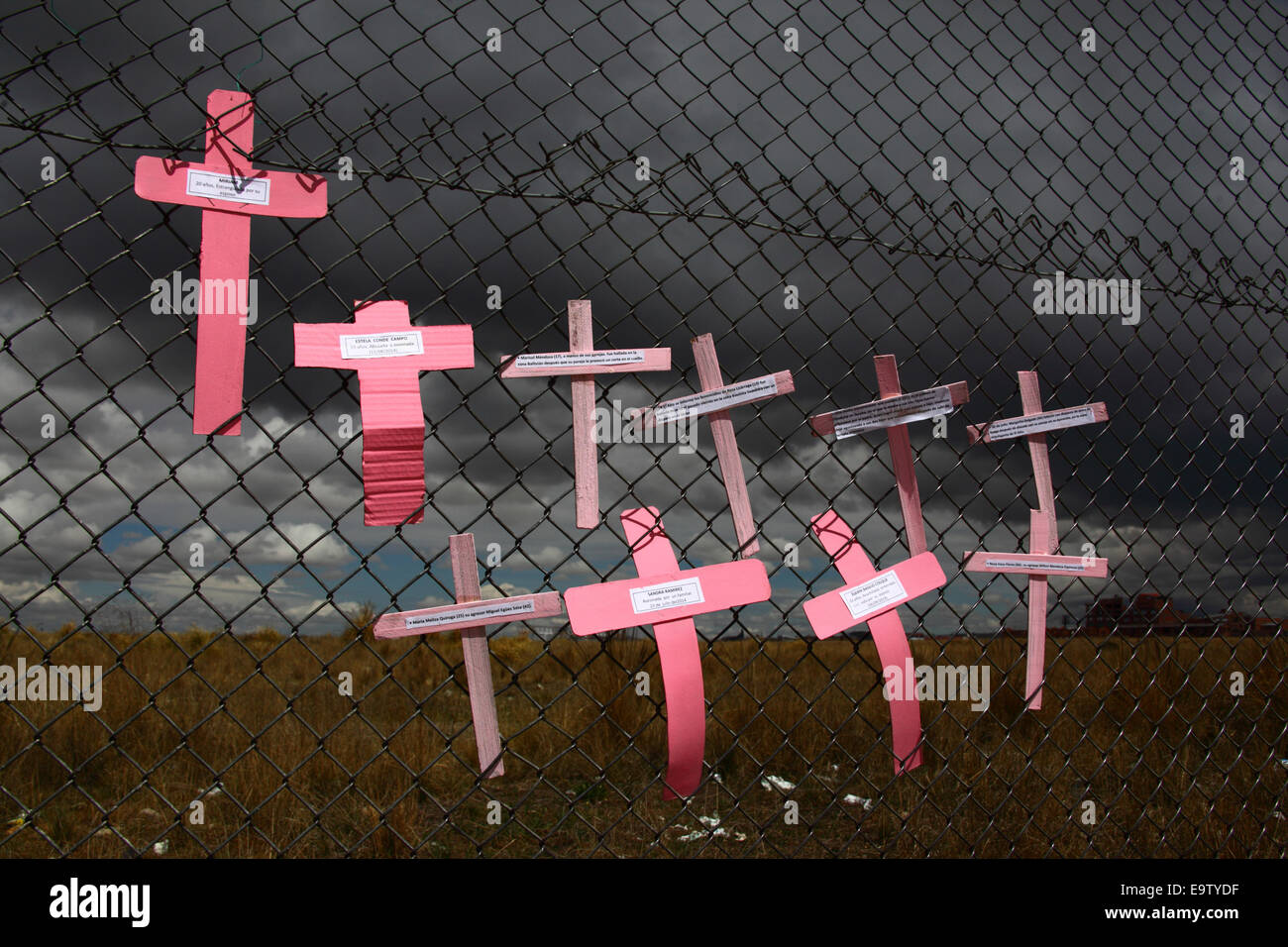 EL ALTO, la Bolivia, il 2° novembre 2014. Croci con i nomi delle donne contro il cielo scuro su di una maglia a filo recinzione, parte di un memoriale per le vittime recenti di femicide e la violenza domestica contro le donne. Secondo un rapporto dell OMS nel gennaio 2013 la Bolivia è il paese con il più alto tasso di violenza contro le donne in America Latina. Credito: James Brunker / Alamy Live News Foto Stock