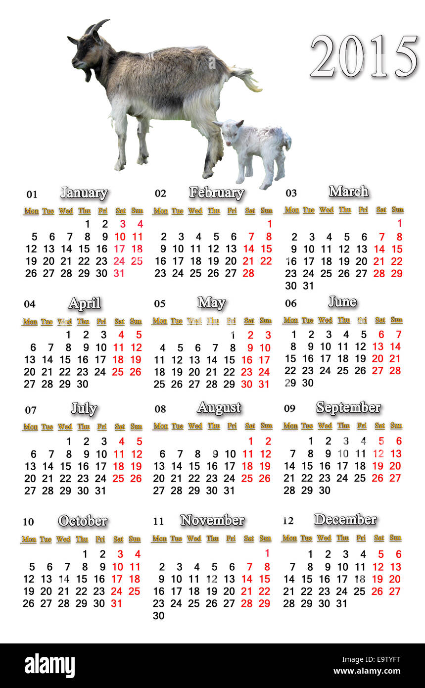 Bellissimo il calendario per il 2015 anno con capre isolato Foto Stock