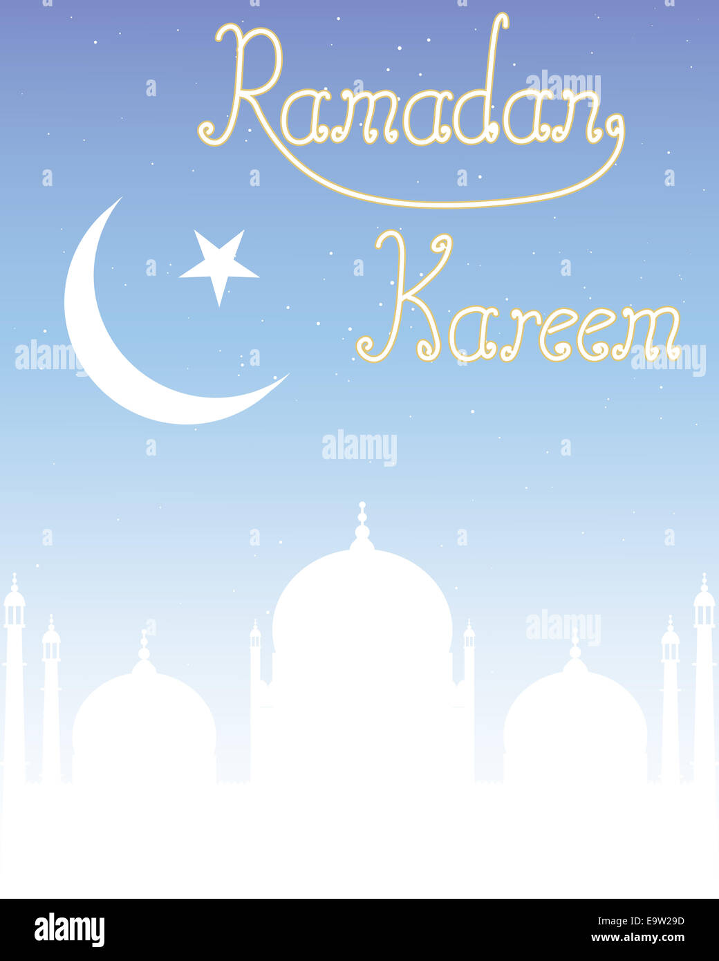 Una illustrazione di un festival di Ramadan greeting card con la moschea e la mezzaluna simbolo su un cielo stellato sfondo Foto Stock