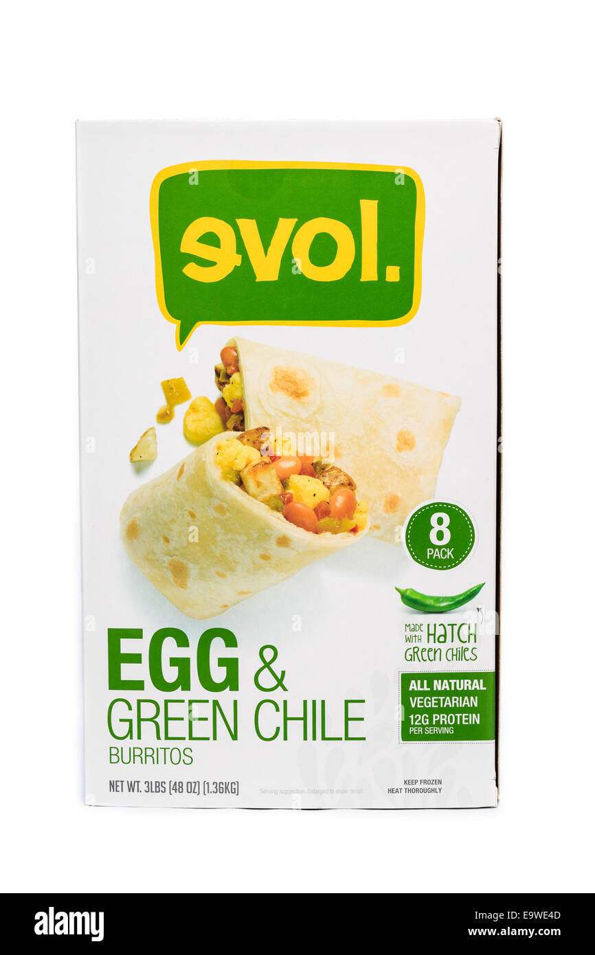 Costco casella bulk di Evol alimenti Uovo di marca & Green burrito Cile Foto Stock