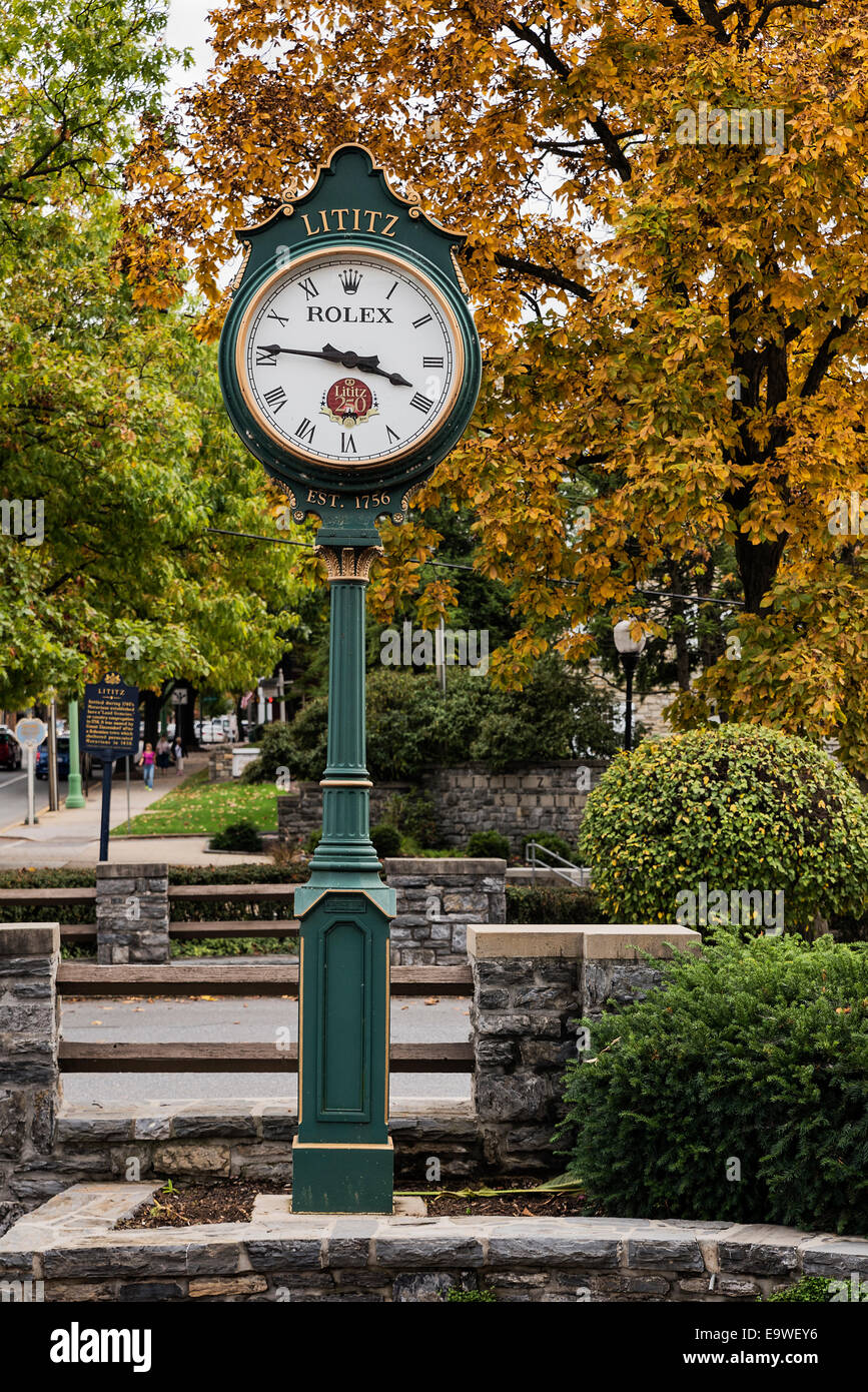 Città orologio, Lititz, Pennsylvania, STATI UNITI D'AMERICA Foto Stock