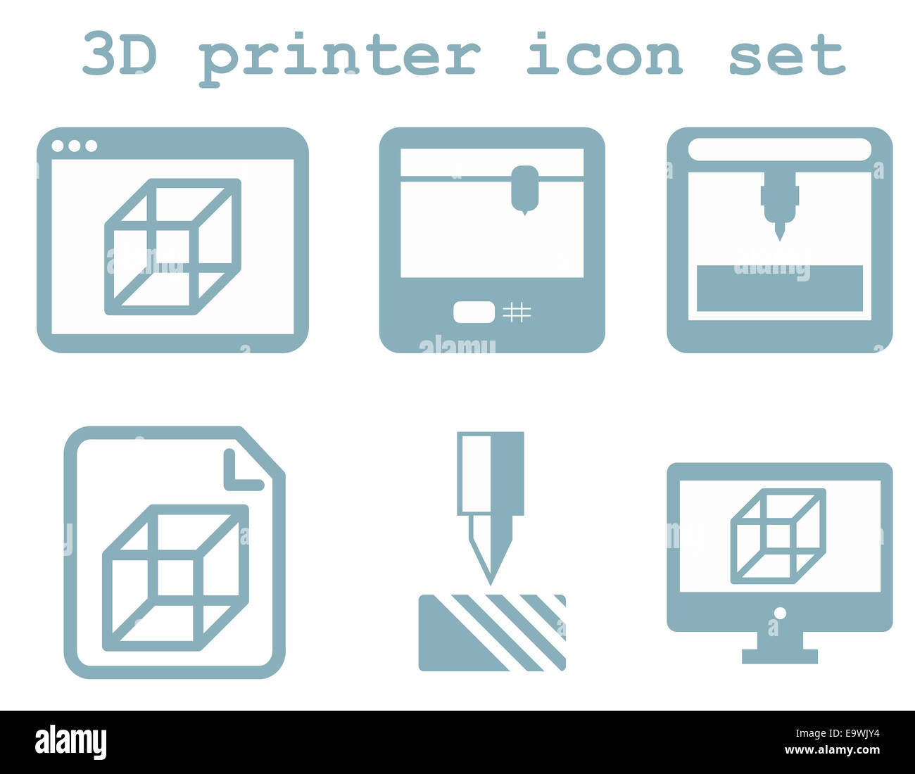 Vector icon set di stampa 3D, tecnologia blu piatte icone isolato: visualizzazione, finestra, Cianografia, dispositivo su sfondo bianco Foto Stock